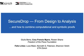 The title card of a talk called ”SecureDrop — From Design to Analysis”