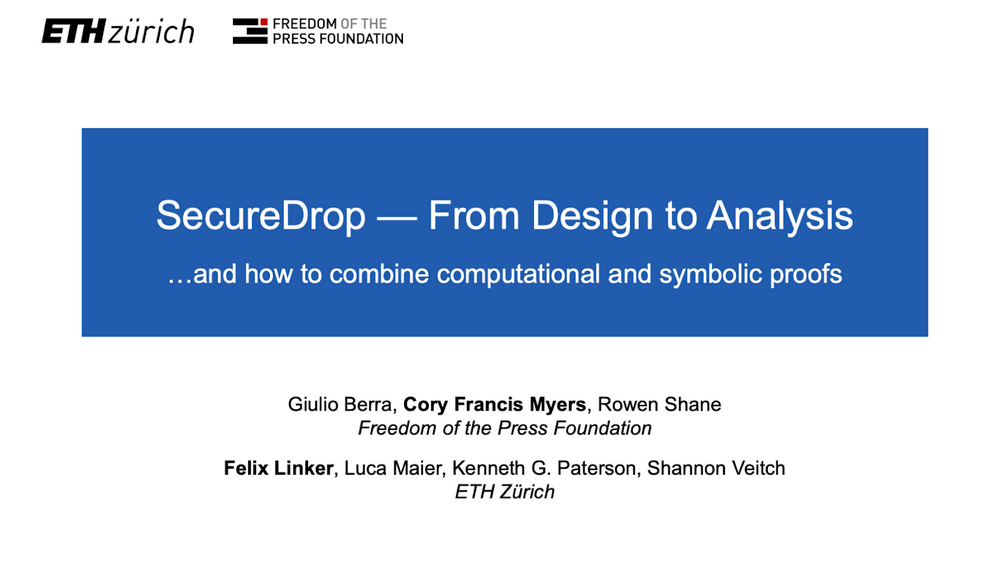 The title card of a talk called ”SecureDrop — From Design to Analysis”