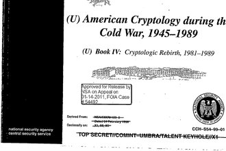A screenshot of the cover page of a report showing the title "American Cryptology During the Cold War" as well as stamps signifying it has been declassified.