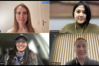 Screenshot of a Zoom panel, with boxes showing four panelists: Caitlin Vogus (top left), Lam Thuy Vo (top right), Maritza Félix (bottom right), and Arelis Hernández (bottom left).