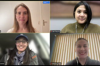 FPF senior adviser Caitlin Vogus (top left) spoke with journalists Lam Thuy Vo (top right), Maritza Félix (bottom right), and Arelis Hernández (bottom left) about how they report on immigration with humanity and accuracy.