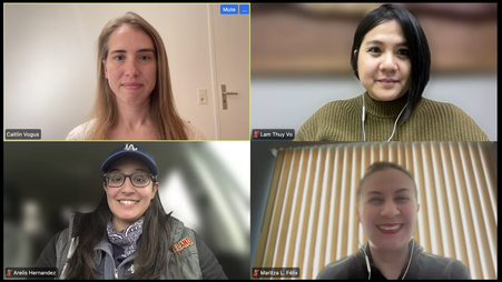 FPF senior adviser Caitlin Vogus (top left) spoke with journalists Lam Thuy Vo (top right), Maritza Félix (bottom right), and Arelis Hernández (bottom left) about how they report on immigration with humanity and accuracy.