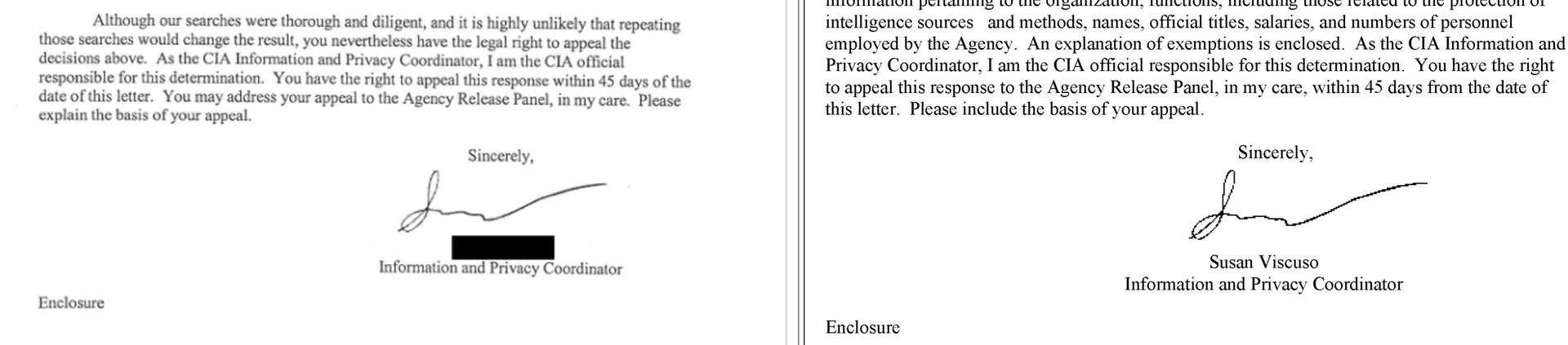 Two side-by-side screenshots of letters signed by Susan Viscuso, information and privacy coordinator. The one on the left, from the Epstein release, has Viscuso's name, between her signature and her job title, redacted.