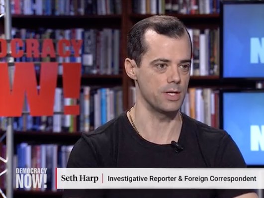 A screenshot of journalist Seth Harp speaking with Democracy Now! on August 14, 2025