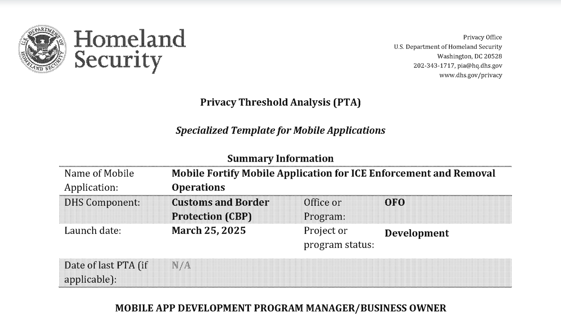 A screenshot of a Department of Homeland Security document titled, “Privacy Threshold Analysis.”