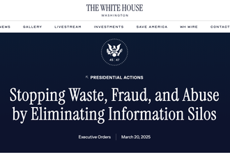 A screenshot of an executive order on the White House website, “Stopping Waste, Fraud, and Abuse by Eliminating Information Silos.”