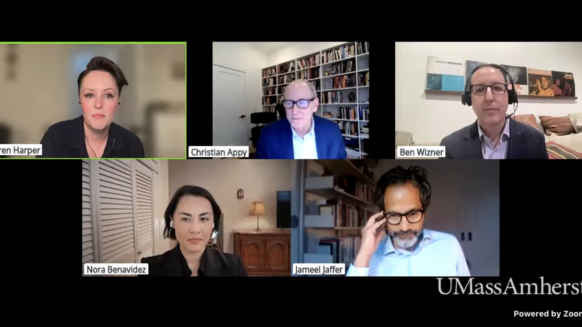 A Zoom screen showing speakers Lauren Harper, Christian Appy, Ben Wizner, Jameel Jaffer, and Nora Benavidez at a panel discussion on threats to the First Amendment.