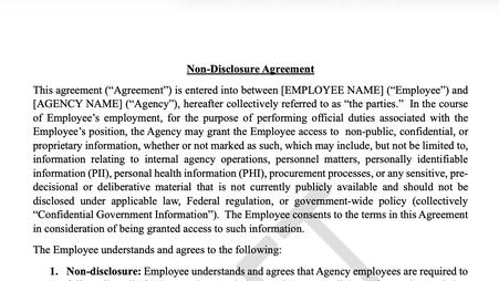 A screenshot of the first page of the Trump administration’s proposed NDA for all government employees