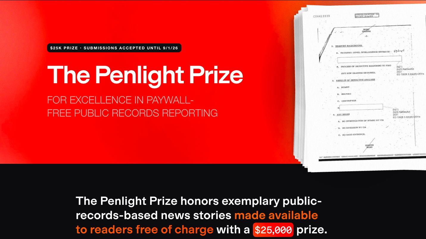 A screenshot of penlightprize.org, titled “The Penlight Prize for excellence in paywall-free public records reporting.”