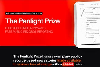 A screenshot of penlightprize.org, titled “The Penlight Prize for excellence in paywall-free public records reporting.”