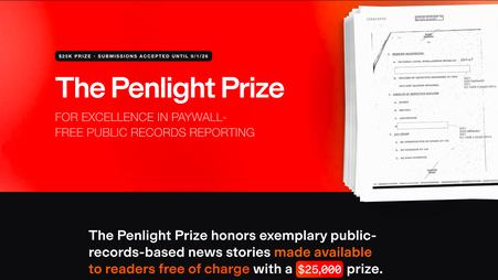 A screenshot of penlightprize.org, titled “The Penlight Prize for excellence in paywall-free public records reporting.”