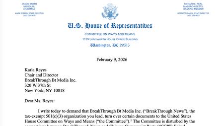 screenshot of a February 2026 letter from the House Committee on Ways and Means demanding documents from BreakThrough News.