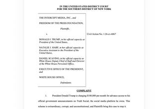 A screenshot of the first page of the complaint in the lawsuit filed on Aug. 12, 2026, by Freedom of the Press Foundation against President Donald Trump.