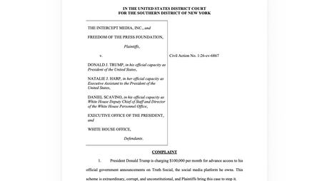 A screenshot of the first page of the complaint in the lawsuit filed on Aug. 12, 2026, by Freedom of the Press Foundation against President Donald Trump.