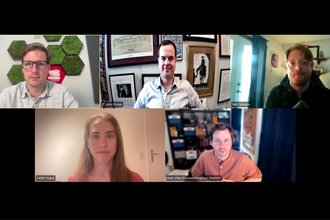 Screenshot of a Zoom panel showing the moderator and panelists: Clockwise from bottom left, Caitlin Vogus, Trevor Timm, John Dickas, Dell Cameron, and Sean Vikta.