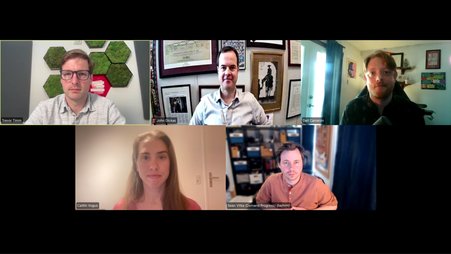 Screenshot of a Zoom panel showing the moderator and panelists: Clockwise from bottom left, Caitlin Vogus, Trevor Timm, John Dickas, Dell Cameron, and Sean Vikta.