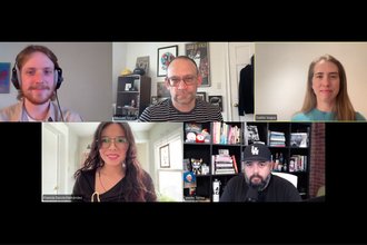 Screenshot of a Zoom panel showing the moderator and panelists: Clockwise from top right, Caitlin Vogus, Memo Torres, Francia García Hernández, Kevin Foster, and Michael Nigro.