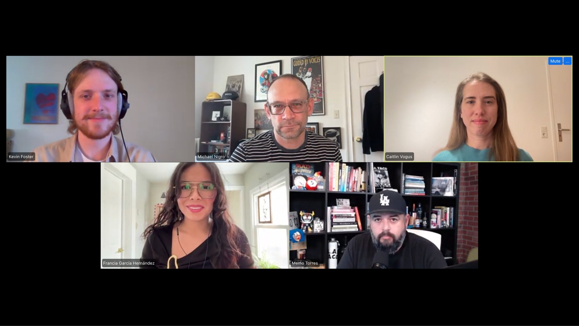 Screenshot of a Zoom panel showing the moderator and panelists: Clockwise from top right, Caitlin Vogus, Memo Torres, Francia García Hernández, Kevin Foster, and Michael Nigro.