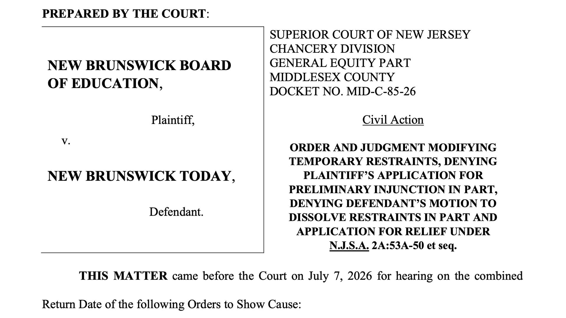 Screenshot of the ruling in New Brunswick Board of Education v. New Brunswick Today.