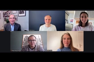 Screenshot of Zoom panel showing (clockwise from top left) Doug Sovern, Charlie Kratovil, Vittoria Elliott, Caitlin Vogus, and Gregory Royal Pratt.