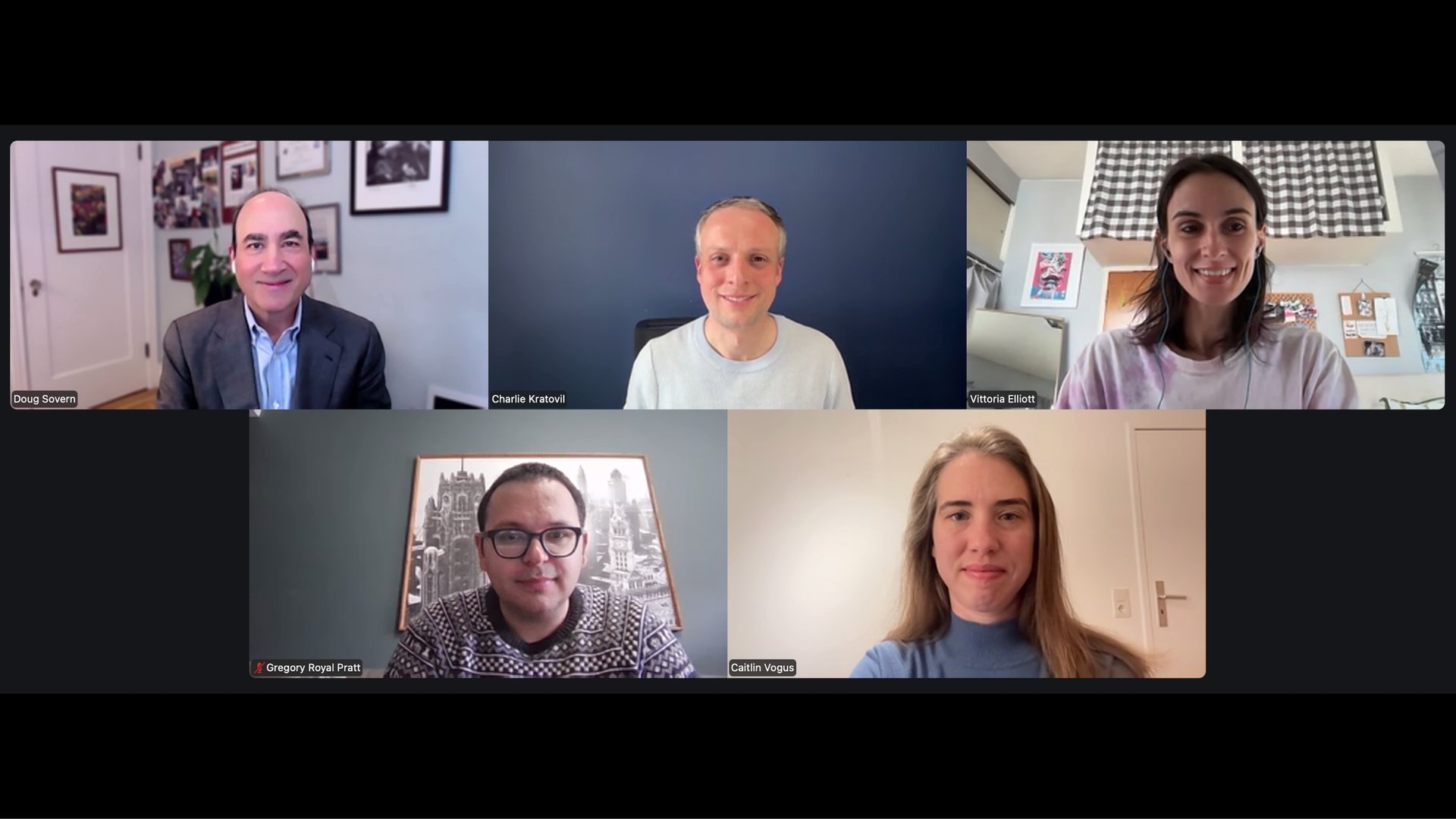 Screenshot of Zoom panel showing (clockwise from top left) Doug Sovern, Charlie Kratovil, Vittoria Elliott, Caitlin Vogus, and Gregory Royal Pratt.