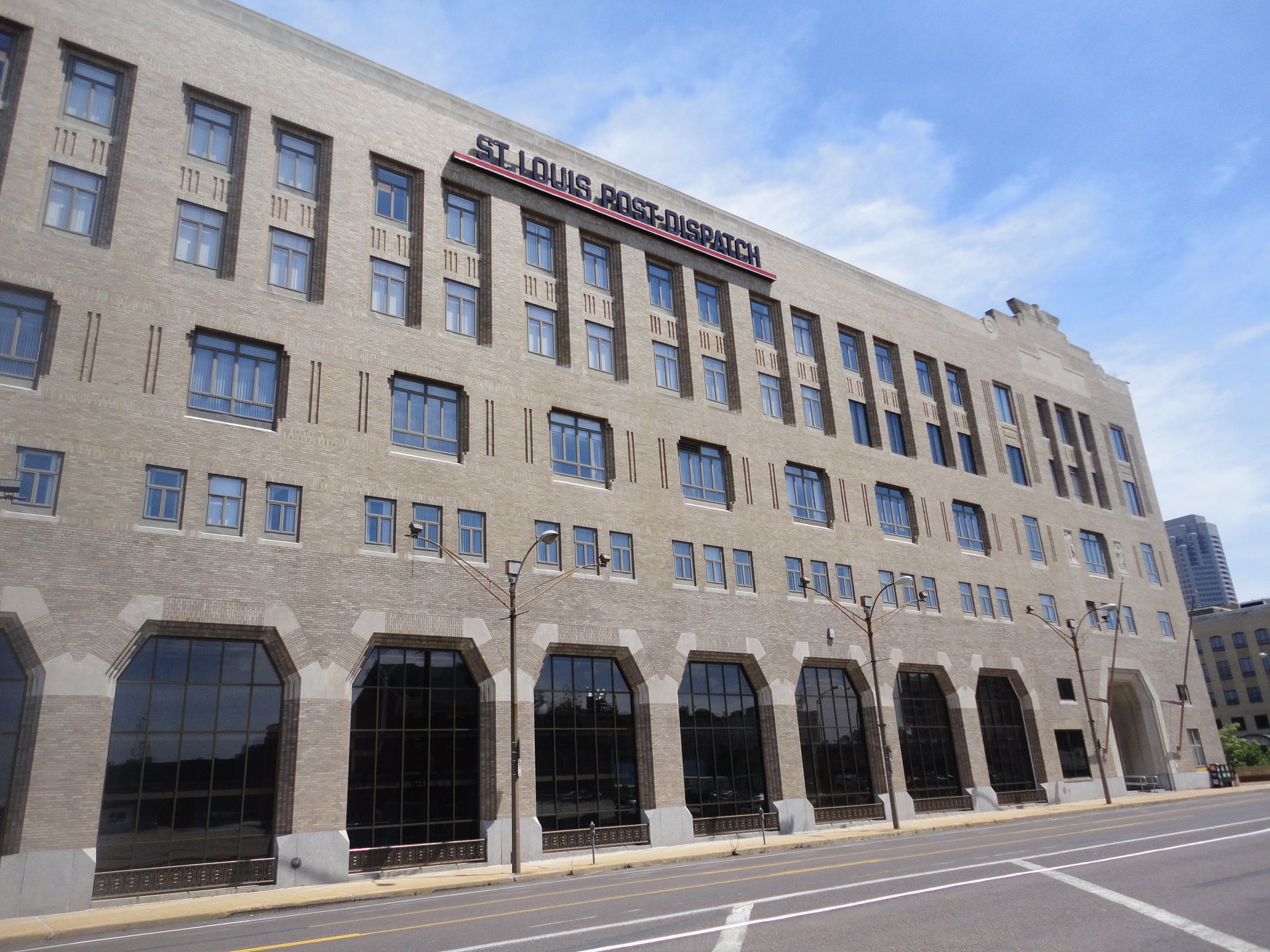 A brick building with the words "St. Louis Post-Dispatch" at the top