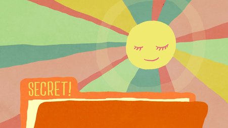 A drawing of an orange folder labeled "secret", with the sun in the background with a face drawn on, and rays of many colors shining down.