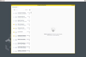 The SecureDrop Inbox app window with a yellow border against a grey background within QubesOS. In the left column there is a list of submissions, and the right column is blank with a suggestion to “Select a source”