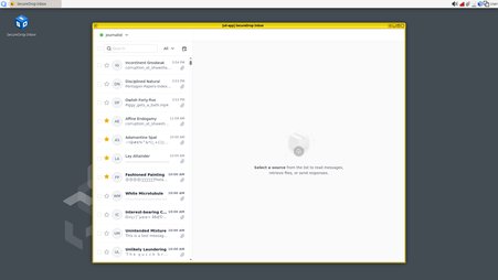 The SecureDrop Inbox app window with a yellow border against a grey background within QubesOS. In the left column there is a list of submissions, and the right column is blank with a suggestion to “Select a source”