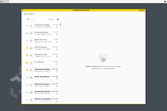The SecureDrop Inbox app window with a yellow border against a grey background within QubesOS. In the left column there is a list of submissions, and the right column is blank with a suggestion to “Select a source”
