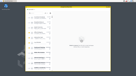 The SecureDrop Inbox app window with a yellow border against a grey background within QubesOS. In the left column there is a list of submissions, and the right column is blank with a suggestion to “Select a source”
