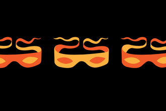 Three orange masks against a black background