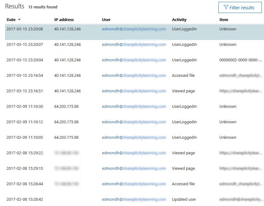 Screenshot of audit log results in Office 365