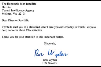 A screenshot of a letter sent by Sen. Ron Wyden to CIA Director John Ratcliffe, alerting him to a classified letter Wyden sent in which he expressed “deep concern” about CIA activities.
