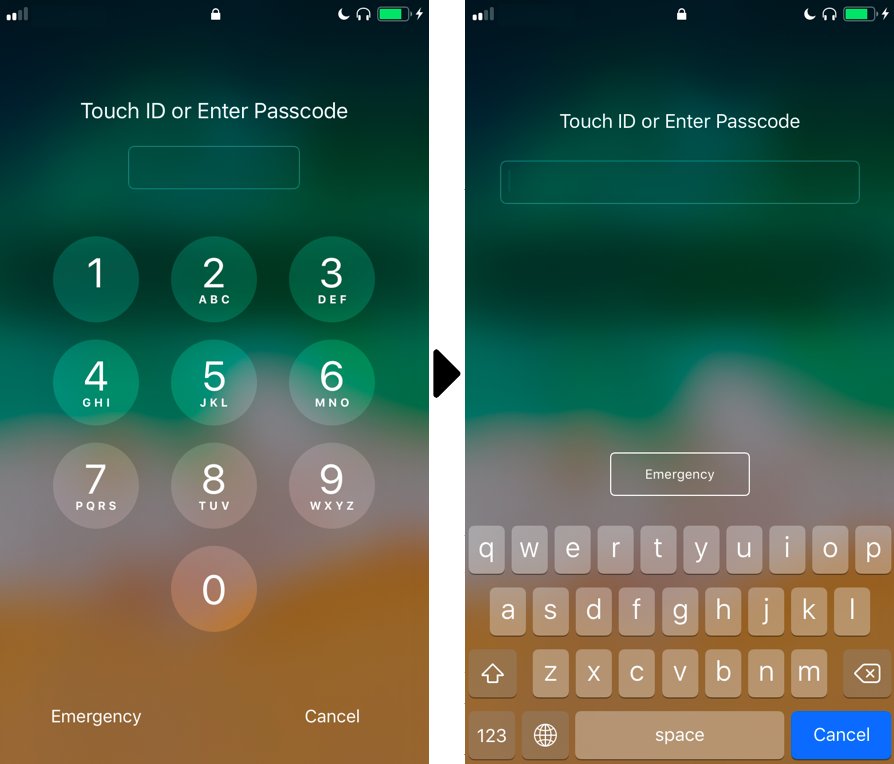 A numeric passcode screen, displaying the numbers 0-9, juxtaposed with an alphanumeric passcode screen with a full alphabetic keyboard.