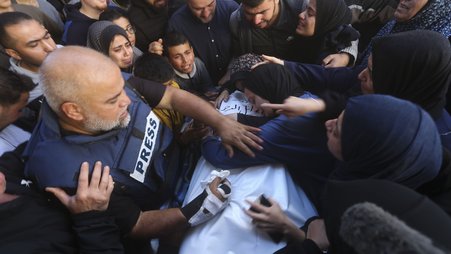 Al Jazeera journalist Wael Dahdouh mourns his son Hamza, who also worked for Al Jazeera and who was killed in an Israeli airstrike in Rafah, Gaza Strip, Sunday, Jan. 7, 2024 -AP24007423956242