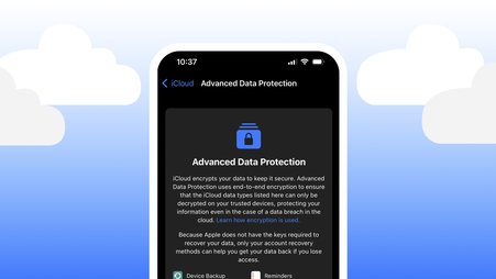 A header image of a phone floating in the clouds, with an “Advanced Data Protection” menu on its screen.