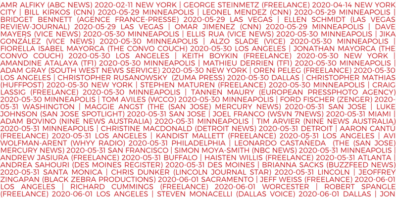 Image from the U.S. Press Freedom arrest report, with names, affiliations, and dates of arrests of U.S. journalists throughout 2020.