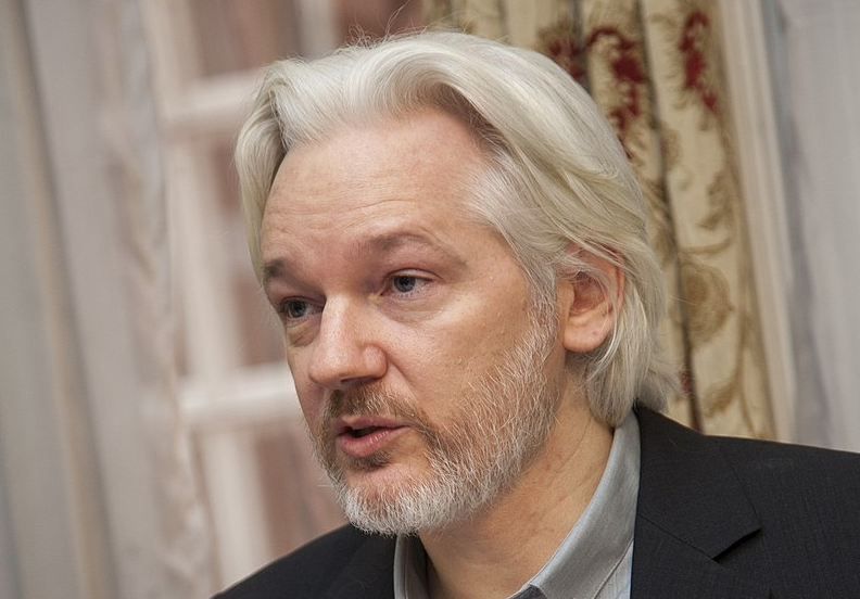 Julian Assange's faces the camera, with his head turned slightly