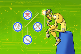 A graphic of a robot with a brain and thought bubbles representing artificial intelligence.
