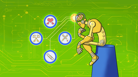 A graphic of a robot with a brain and thought bubbles representing artificial intelligence.