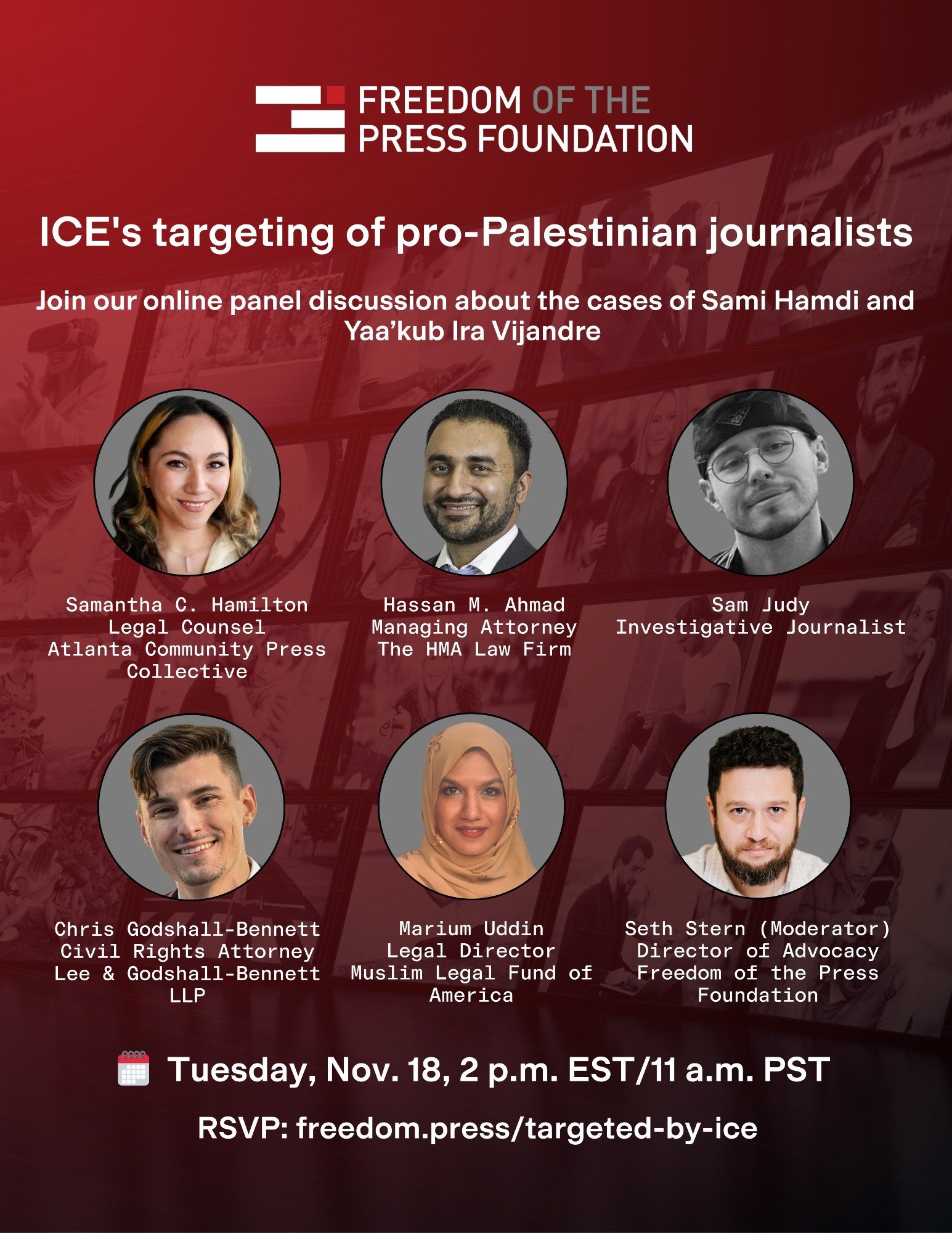 Flyer for November 18 online event - ICE targeting of pro-Palestinian journalists
