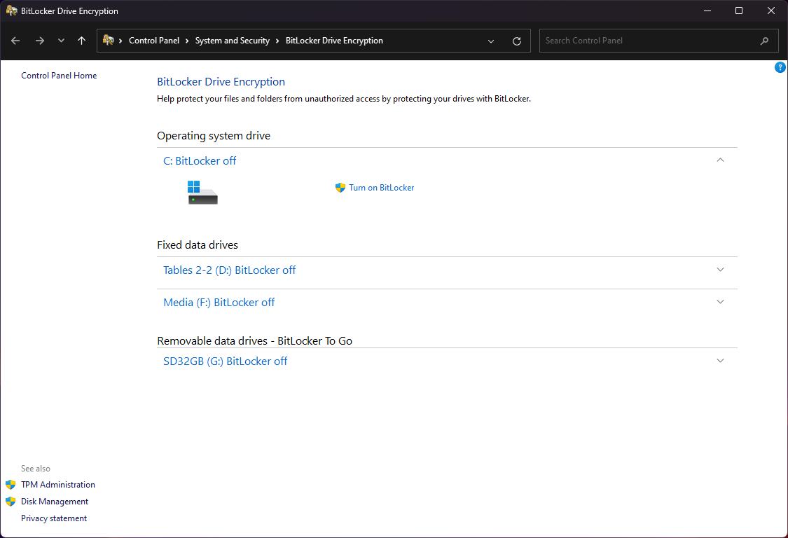 BitLocker settings in Windows 11
