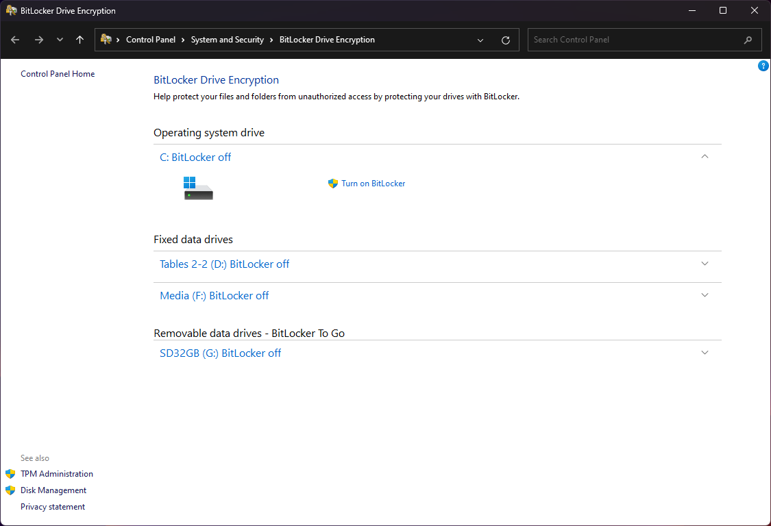 BitLocker settings in Windows 11
