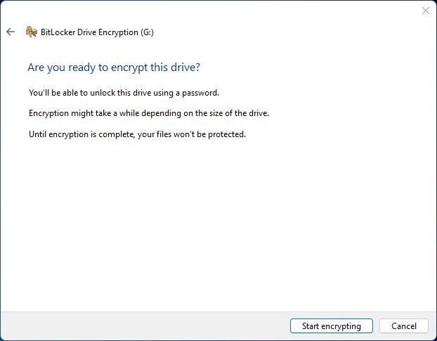BitLocker confirm ready to encrypt drive step