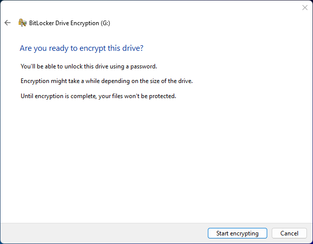 BitLocker confirm ready to encrypt drive step
