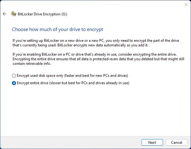 BitLocker encrypt used or all space option