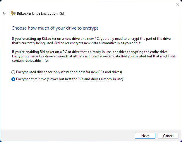 BitLocker encrypt used or all space option