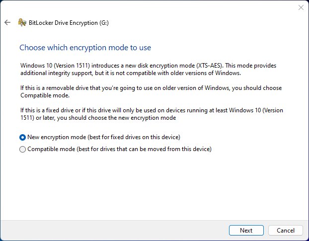 BitLocker encryption mode options
