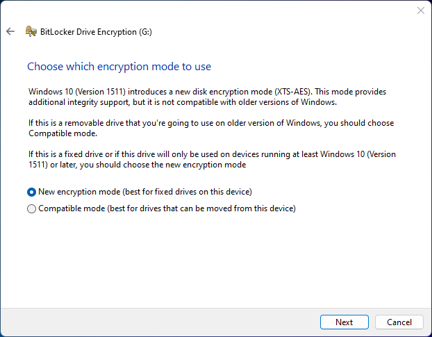 BitLocker encryption mode options